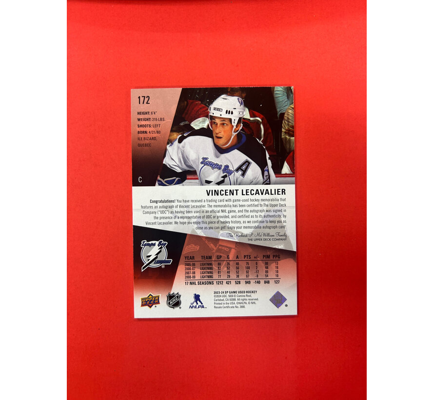 2023-24 SP GAME USED VINCENT LECAVLIER LEGEND JERSEY AUTO /15