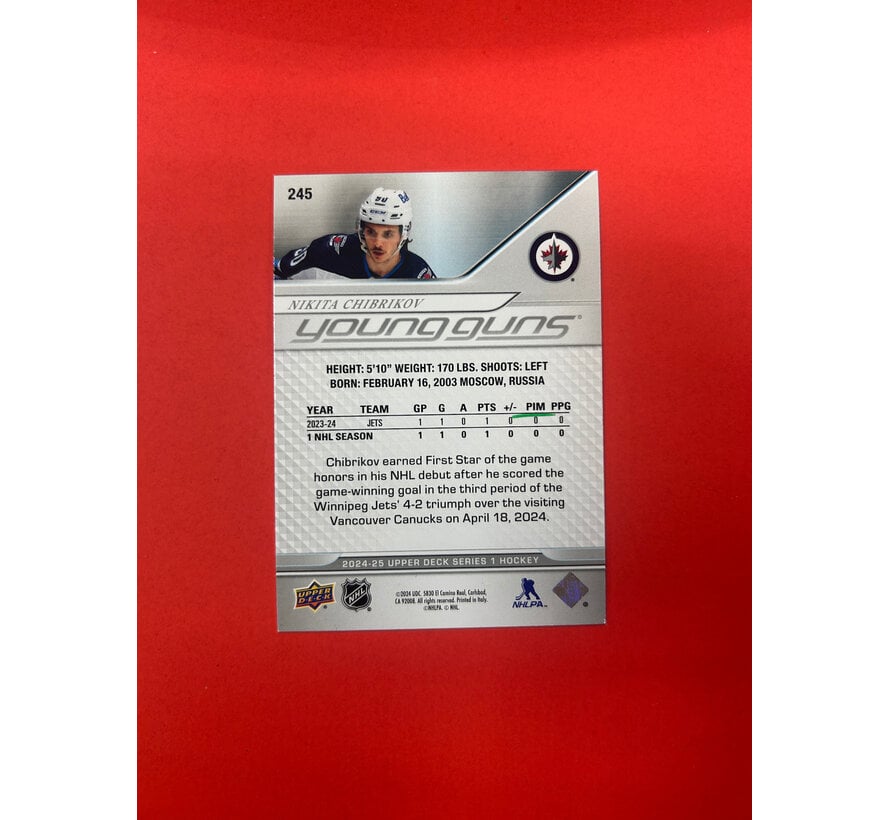 2024-25 UPPER DECK SERIES 1 NIKITA CHIBRIKOV YOUNG GUNS AUTOGRAPHED