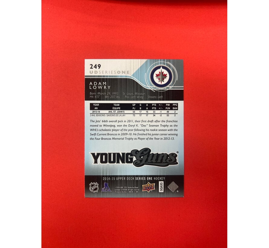 2014-15 UPPER DECK 1 ADAM LOWRY YOUNG GUNS AUTOGRAPHED