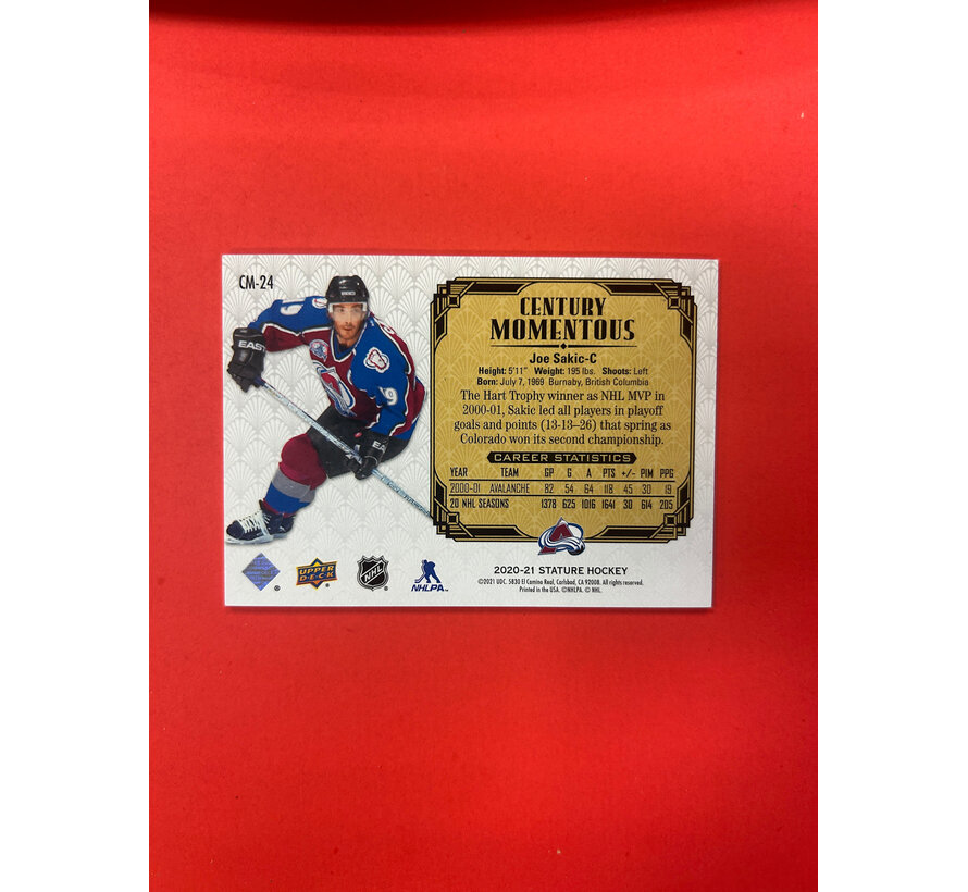 2020-21 UPPER DECK STATURE JOE SAKIC CENTURY MEMENTOUS BLUE /25