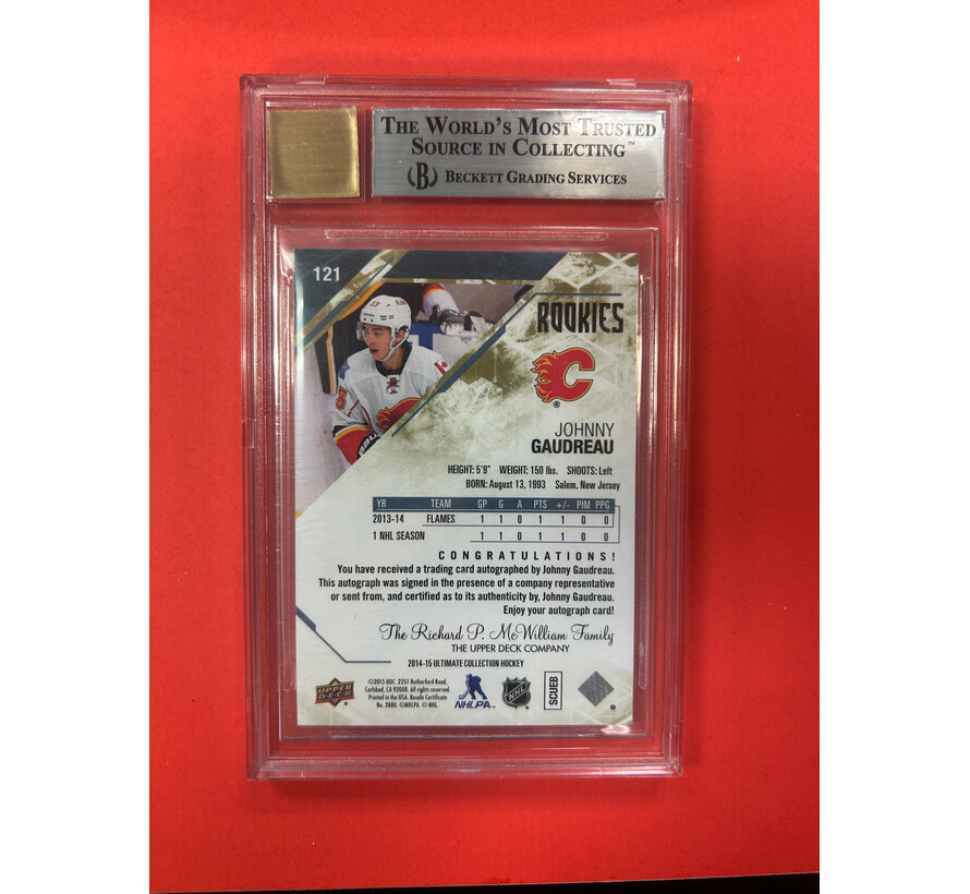 2014-15 UPPER DECK ULTIMATE JOHNNY GAUDREAU ROOKIE AUTOGRAPH /99 BECKETT GRADED 9/10