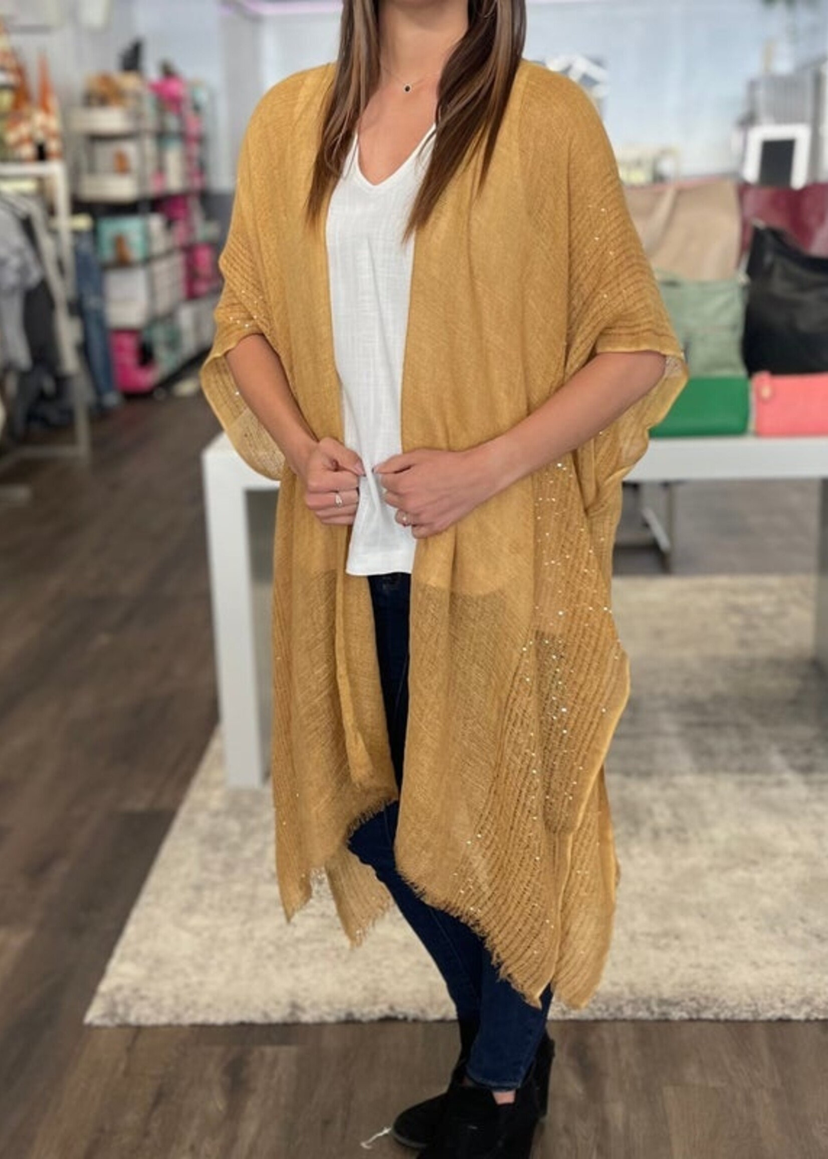 Gold Sequin Border Frayed Trim Kimono