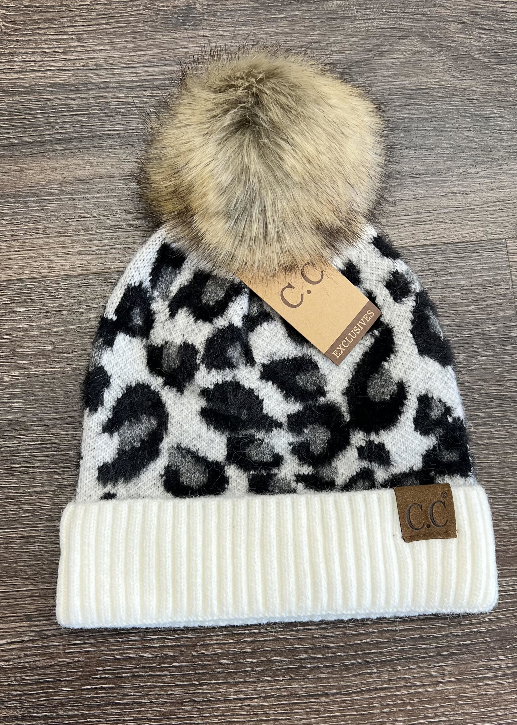 Fur Pom Leopard  Beanie