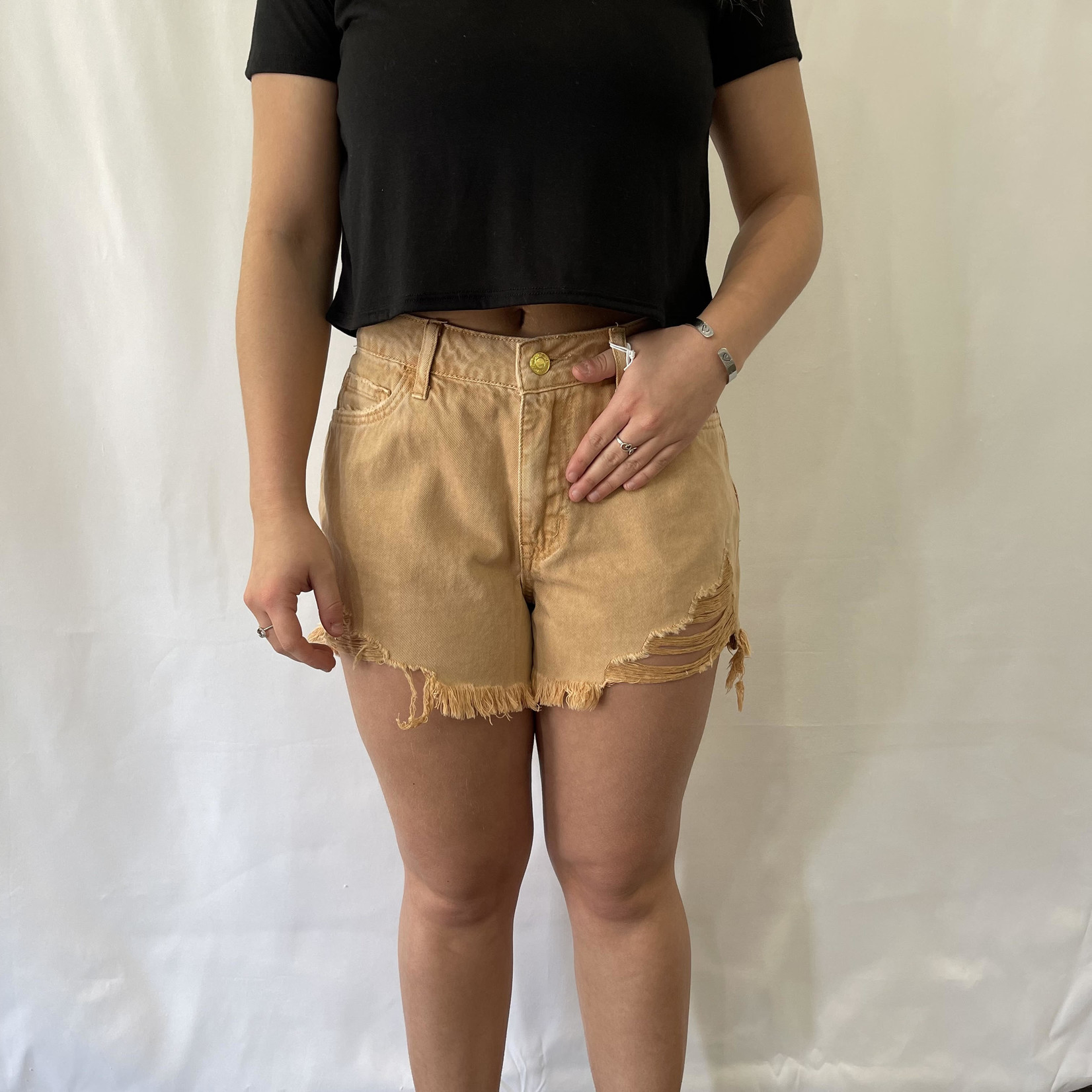 High Rise Distressed Shorts - Faded Brown