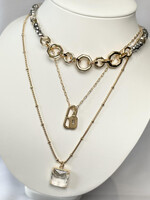 Gold Chunky Necklace with Grey Beads & Rhinestone