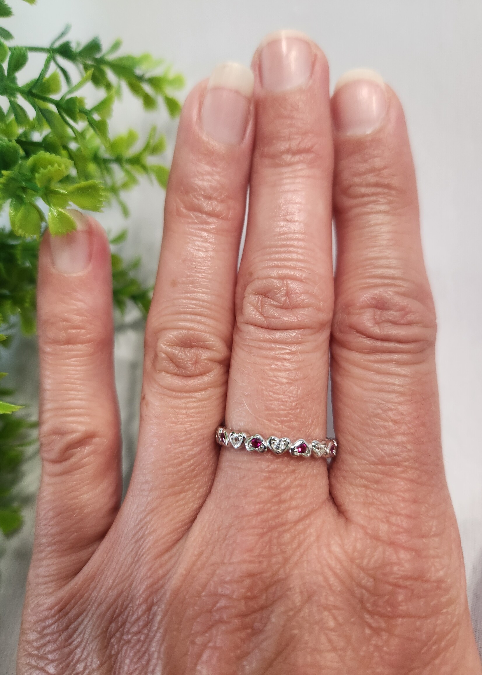 Silver Pink & White Heart Eternity Ring - Size 7