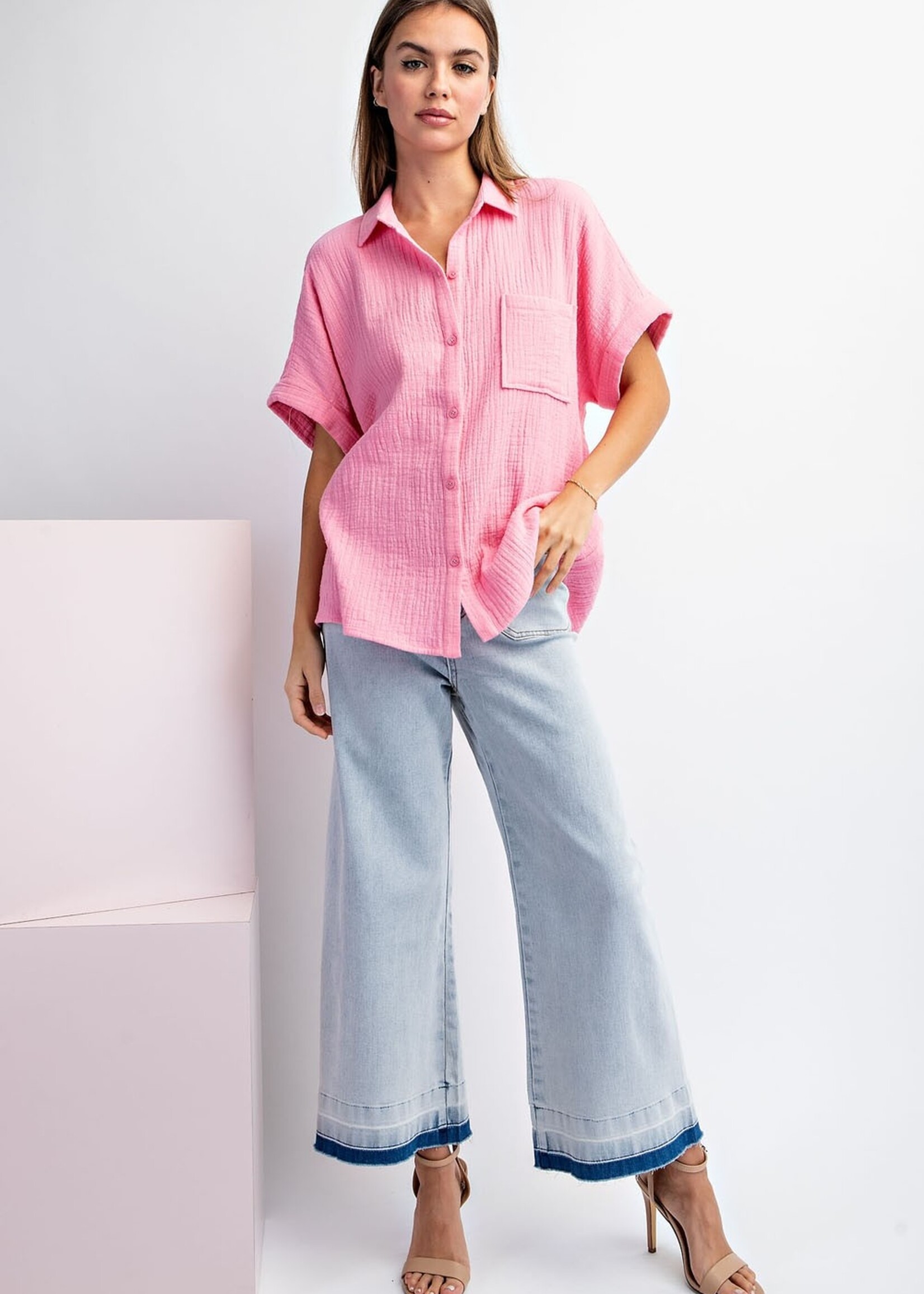 Olivia Short Sleeve Button Down - Pink
