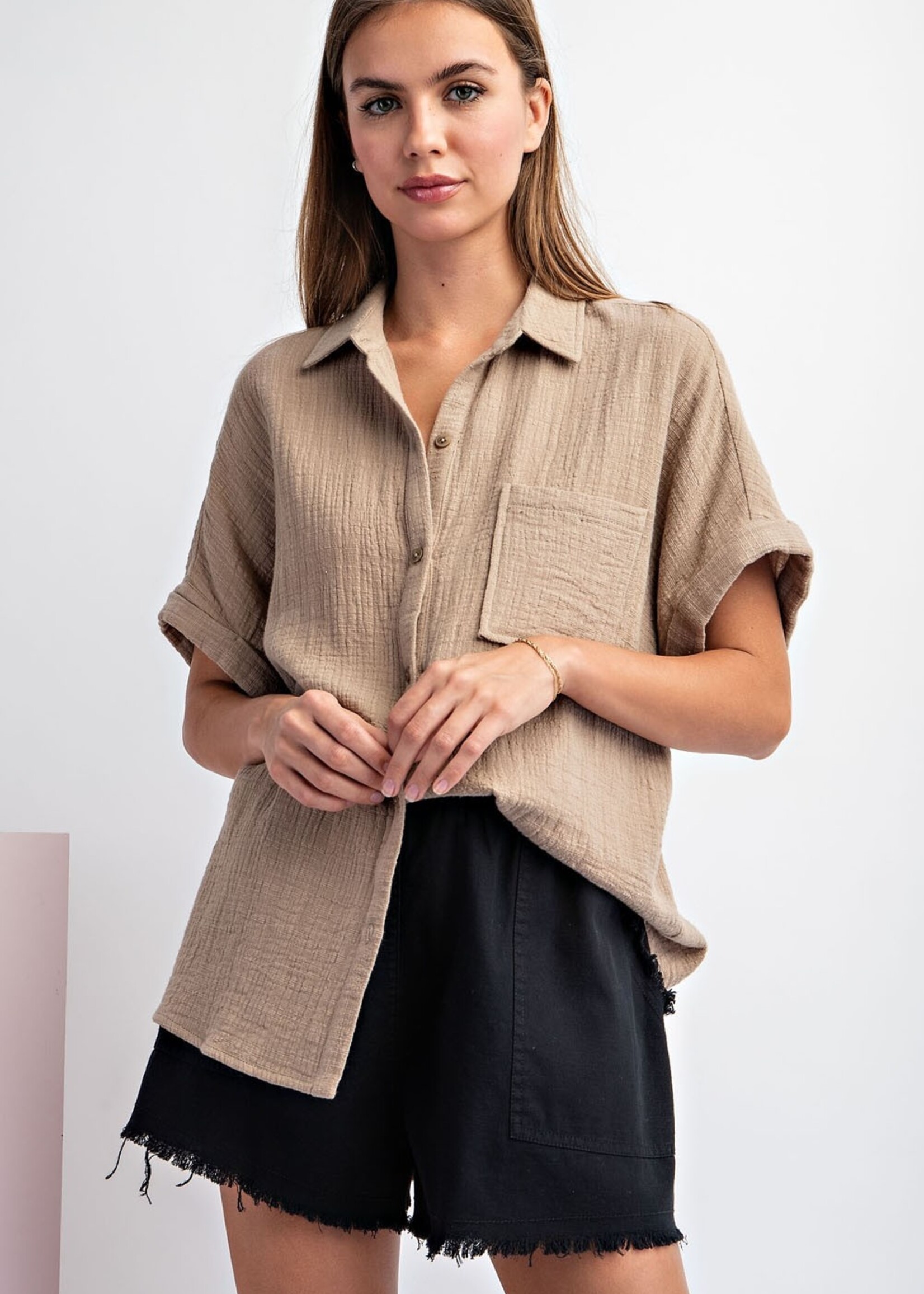 Olivia Short Sleeve Button Down - Taupe