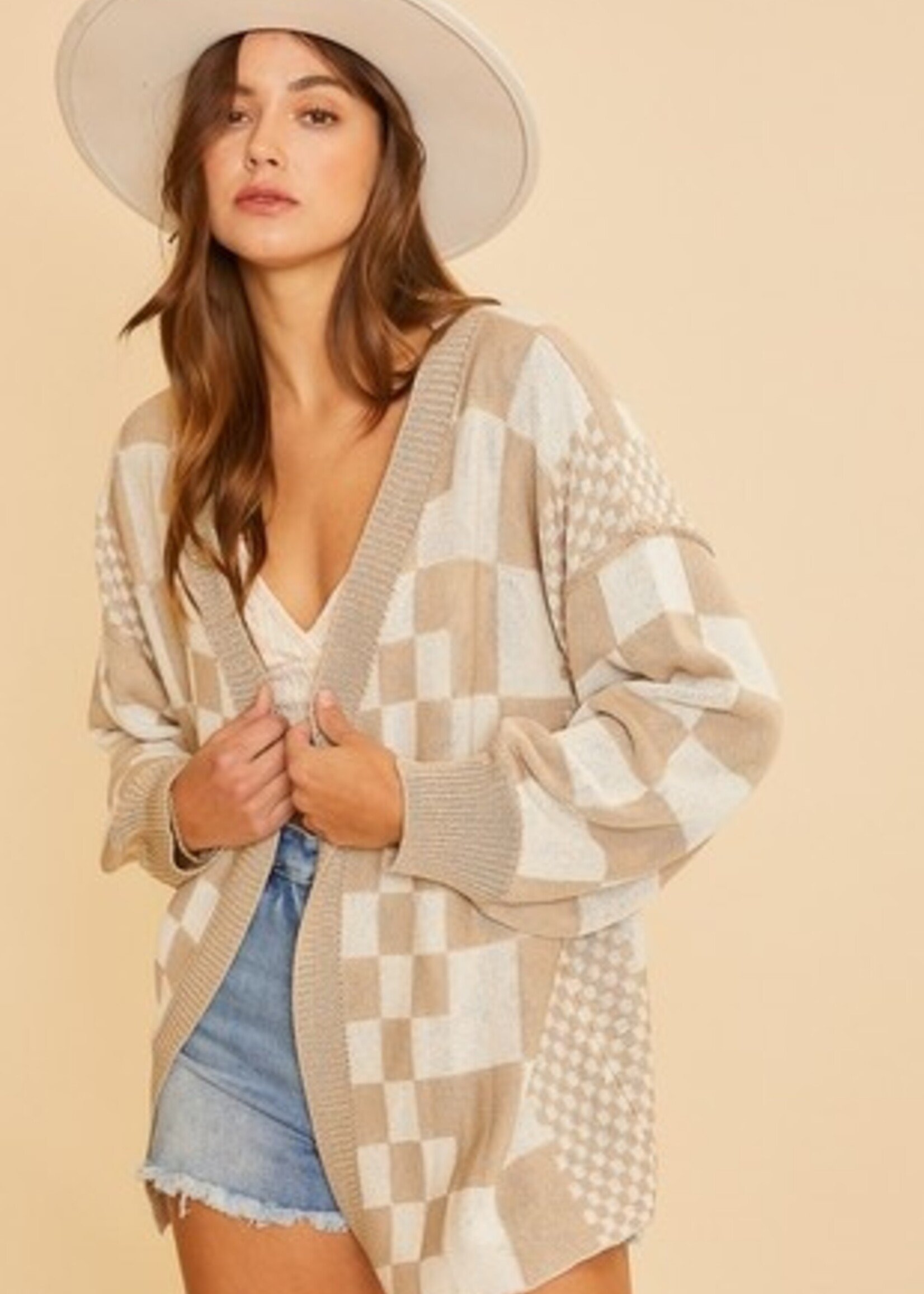 Checkered Knit Cardigan - Latte