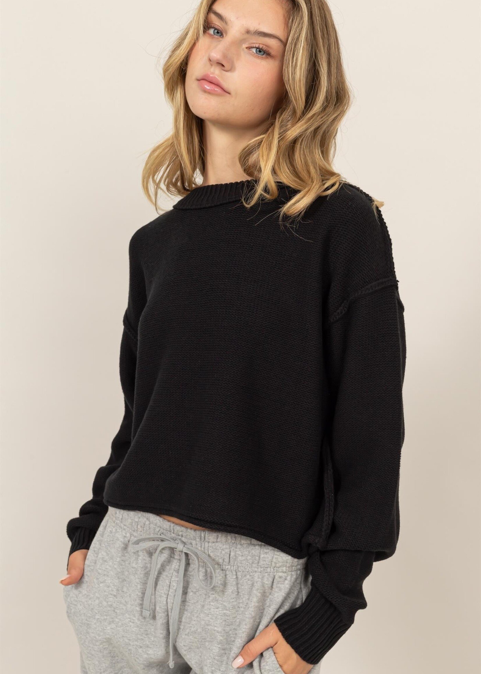 Cropped Knit Sweater - Black