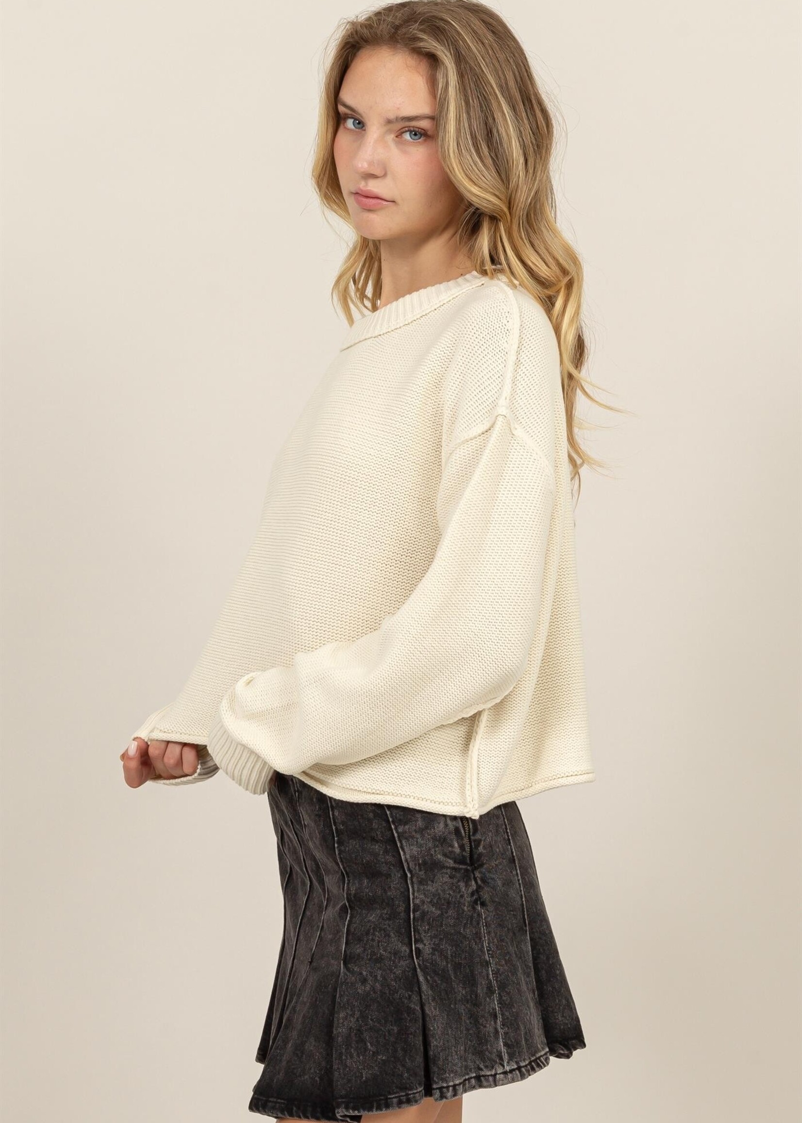 Cropped Knit Sweater - Cream