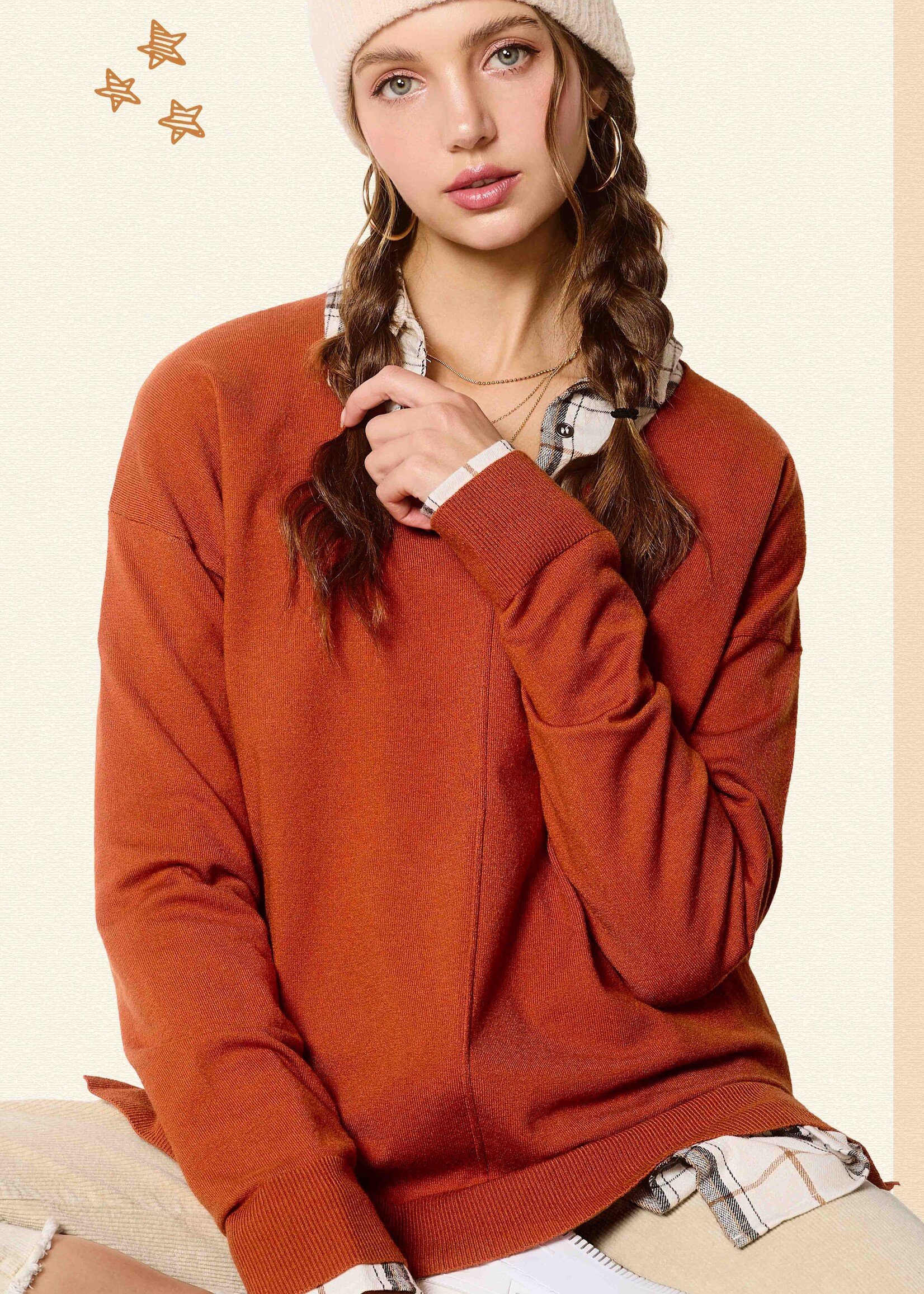 Emma V-Neck Sweater - Baked Ginger