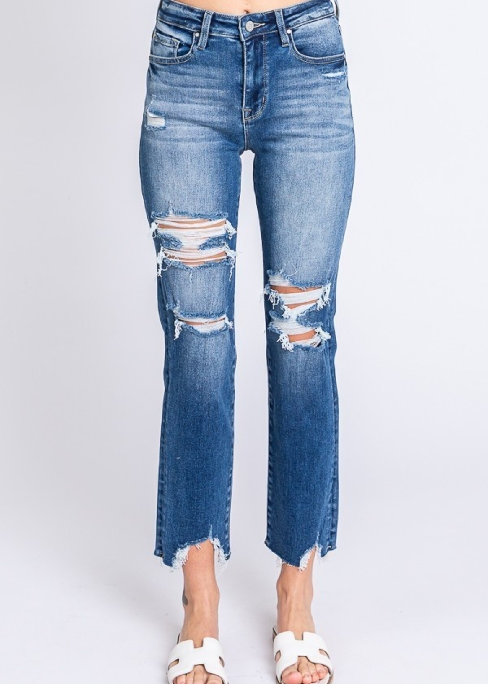 High Rise Slim Straight Jeans - Destroyed