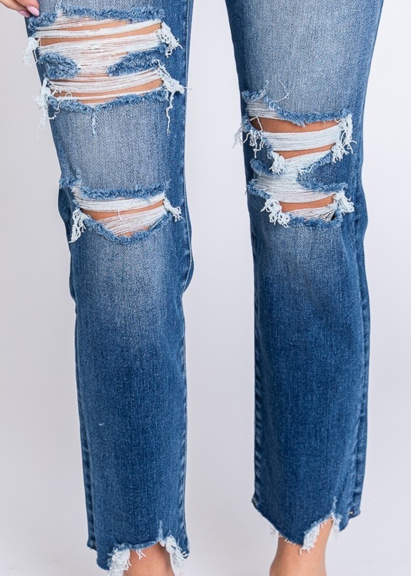 High Rise Slim Straight Jeans - Destroyed