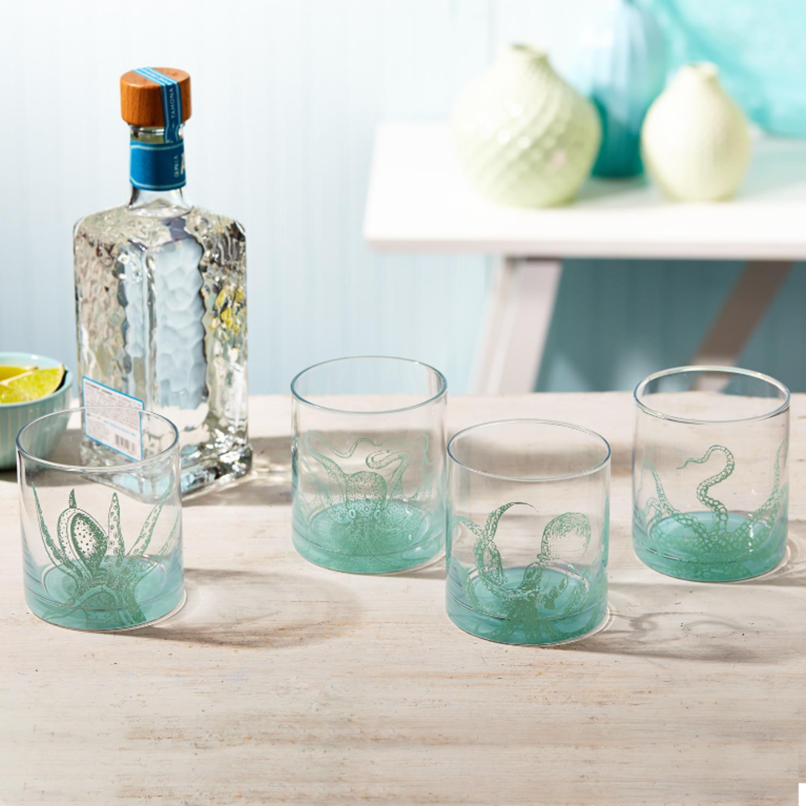 Two's Company Octopus Double Old Fashion Glass in Gift Box Set of 4
