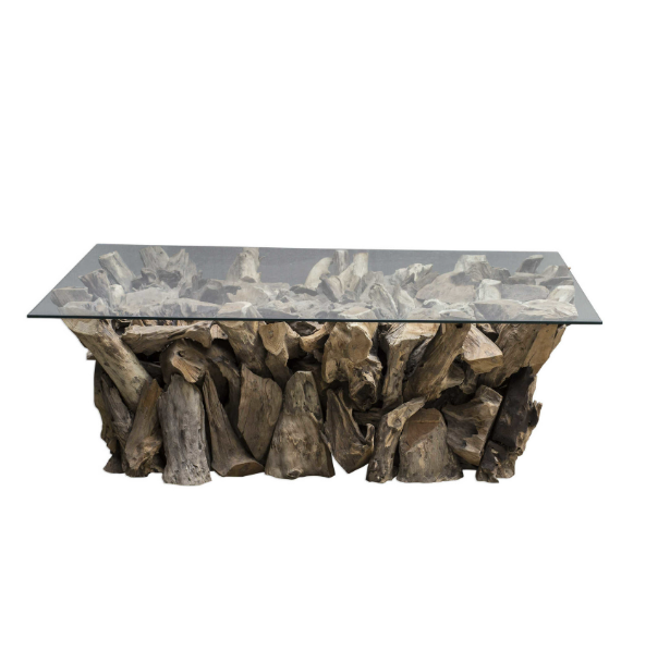 Teak Wood Coffee Table with natural finish in cozy living room
