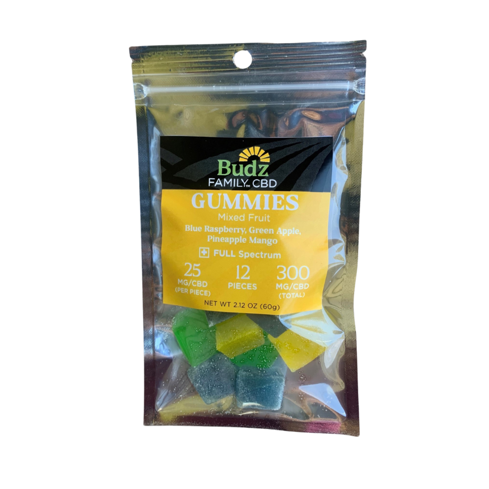 NEW CO-PACKAGING LLC (BUDZ FAMILY CBD) BUDZ FAMILY CBD 12-COUNT GUMMIES (MIXED FRUIT) 25MG CBD PER PIECE (FULL SPECTRUM - CONTAINS THC)