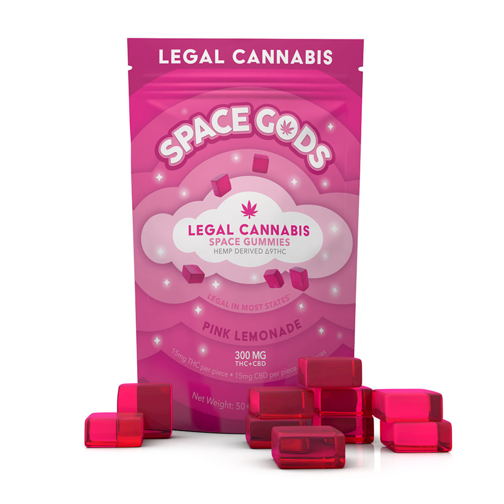 SPACE GODS SPACE GODS LEGAL CANNABIS D9 SPACE GUMMIES 15MG THC /15MG CBD 10 COUNT PINK LEMONADE