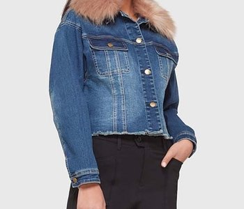 cropped denim jacket with removable faux fur collar for versatile styling