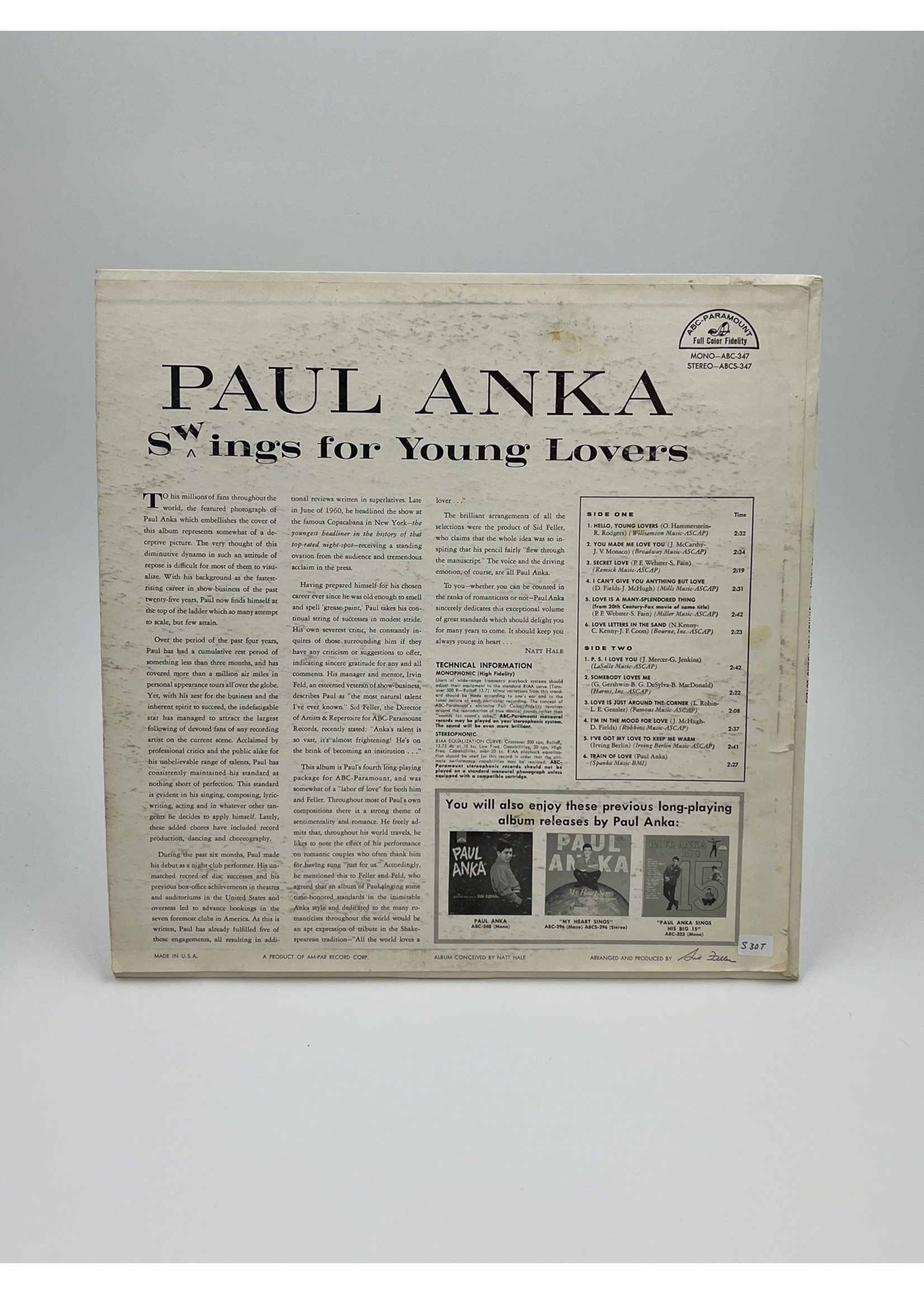 LP Paul Anka Swings for Young Lovers LP Record