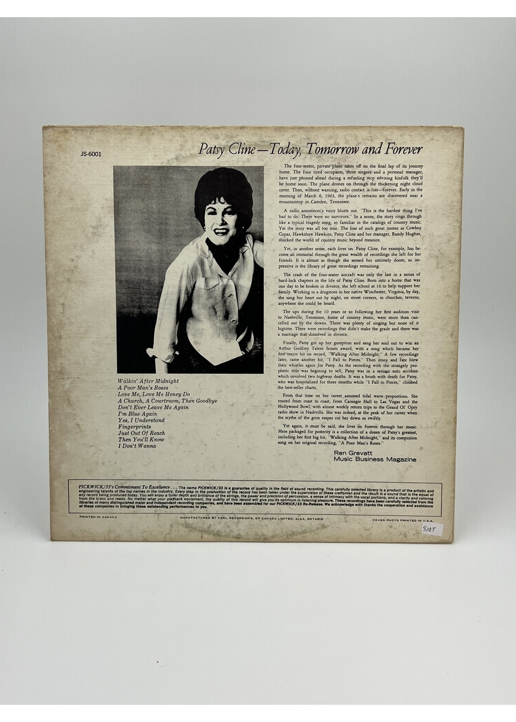 LP Patsy Cline Today Tomorrow and Forever LP Record