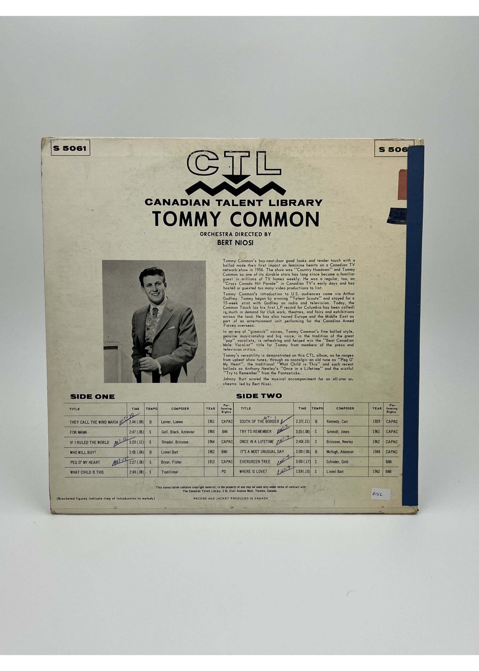 LP Tommy Common Canadian Talent Library LP Record