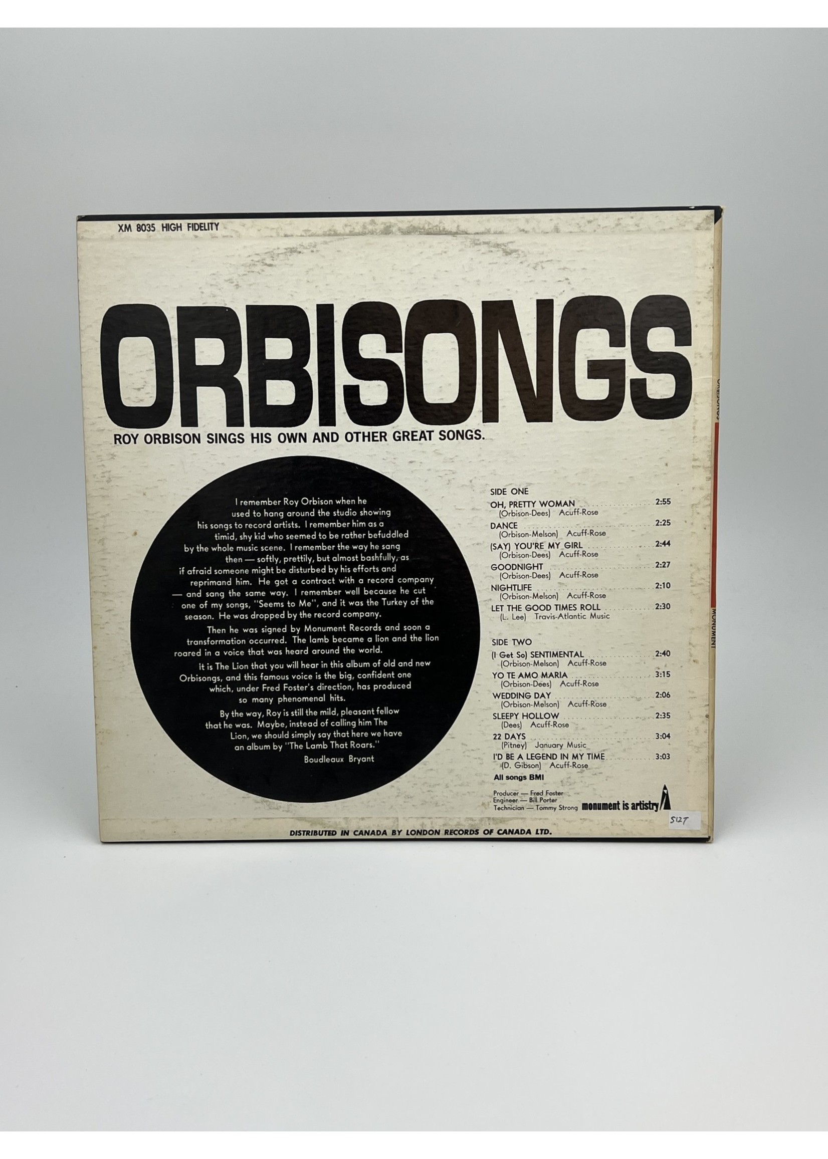 LP Roy Orbison Orbisongs LP Record