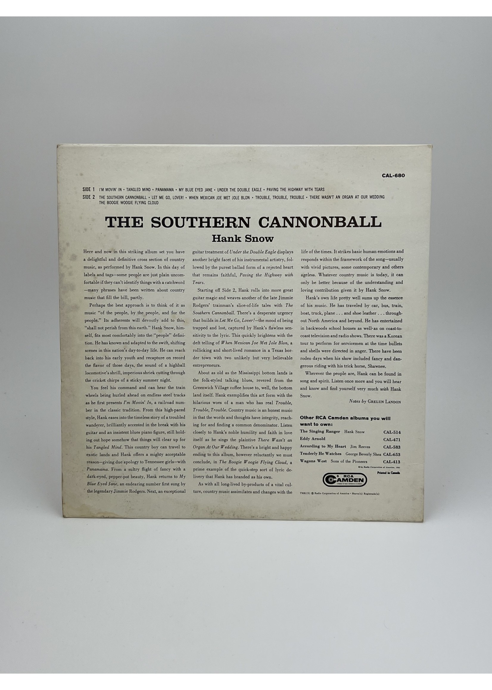 LP Hank Snow The Southern Cannonball LP Record