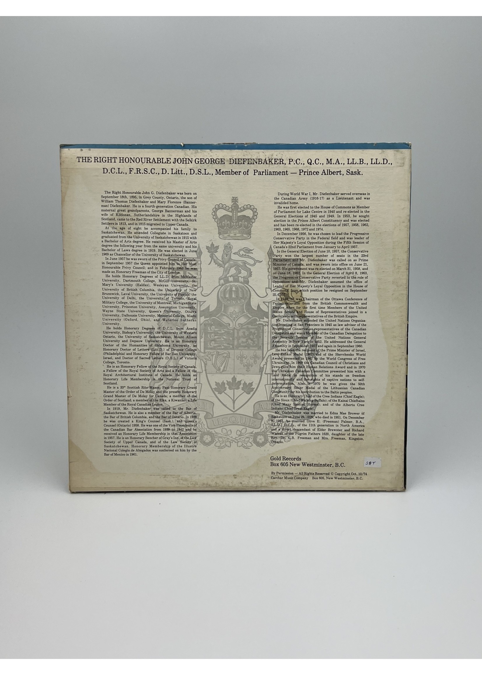 LP John Diefenbaker Testimonial Dinner Speech LP Record