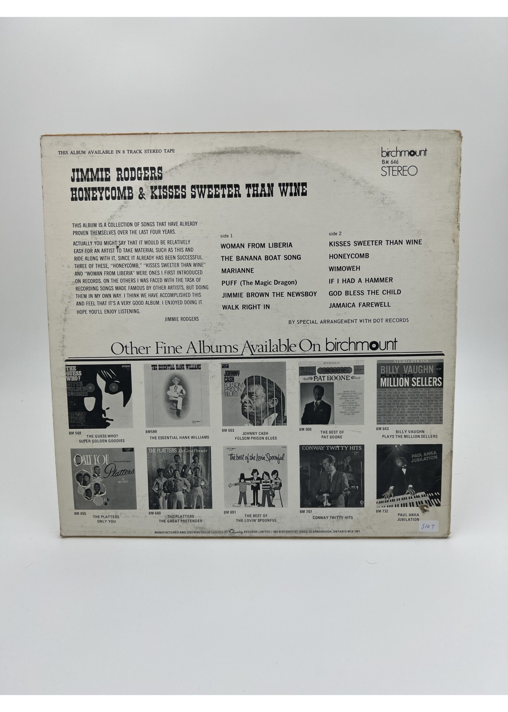 LP Jimmie Rodgers Honeycomb And Kisses Sweeter Than Wine LP RECORD