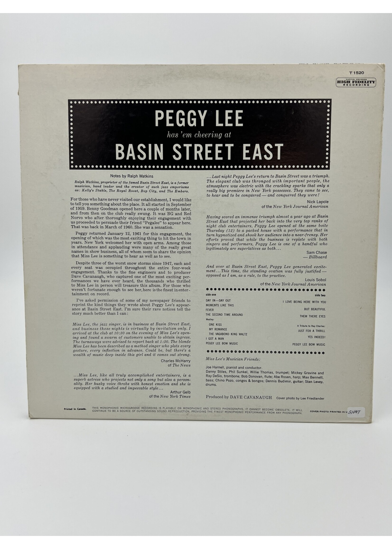 LP   Peggy Lee Basin Street East LP Record