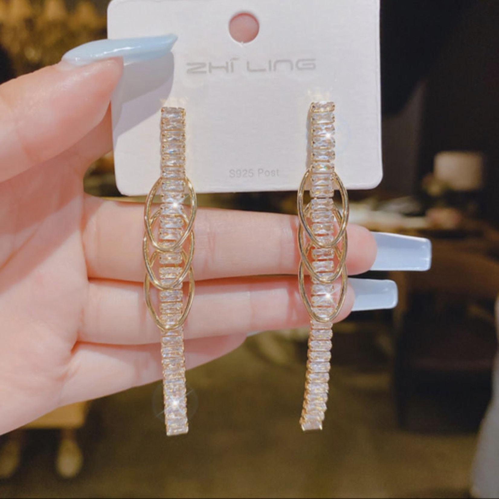 Long Diamond Earrings with Gold Oval