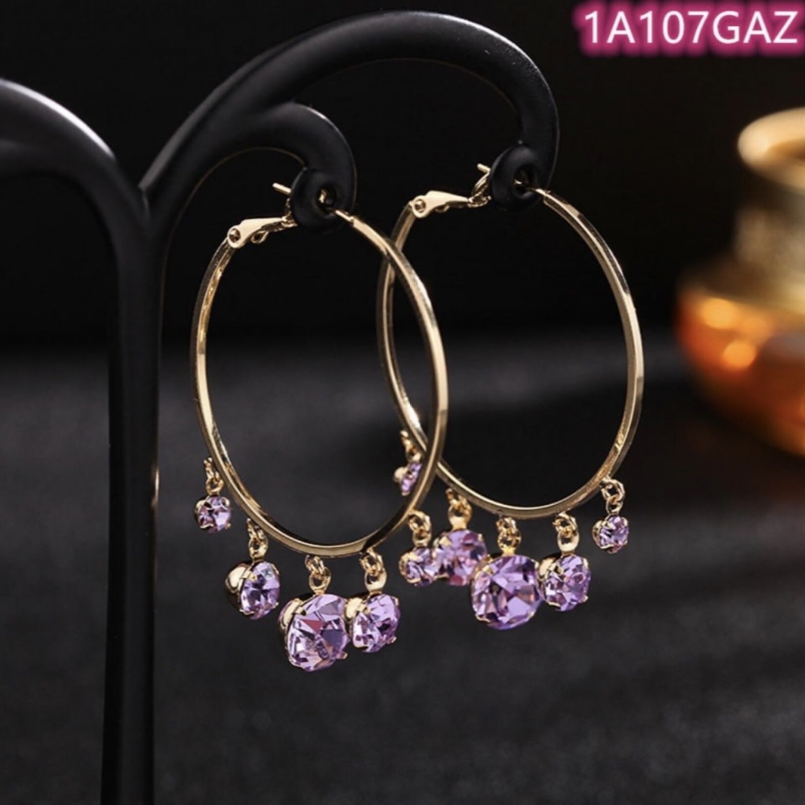 Gold Hoops with Purple Diamonds Earrings