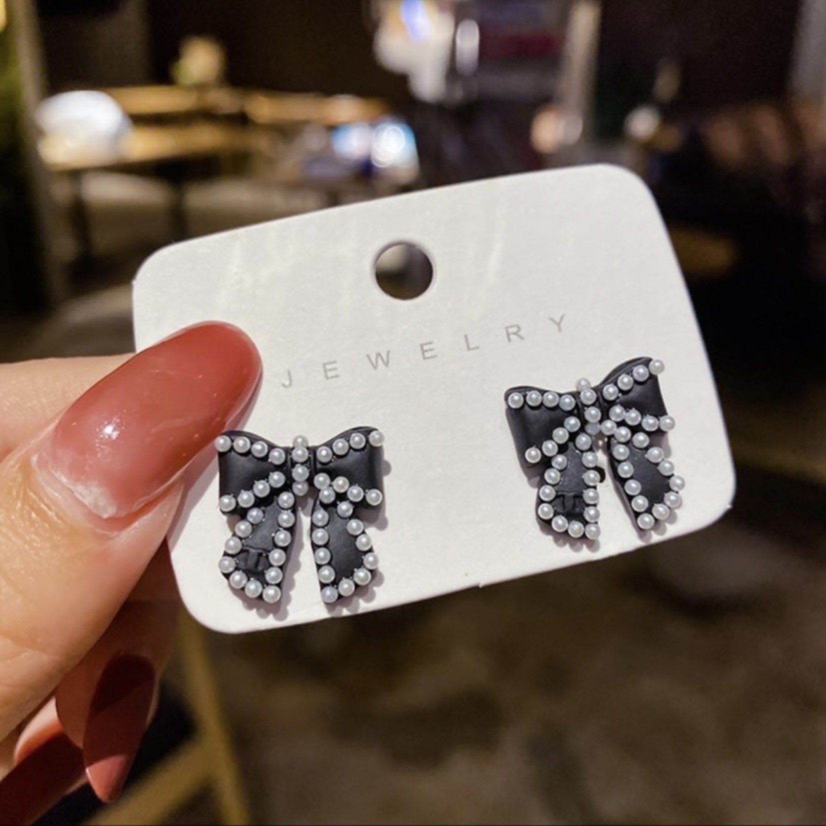 Black Bow with Pearl Earrings