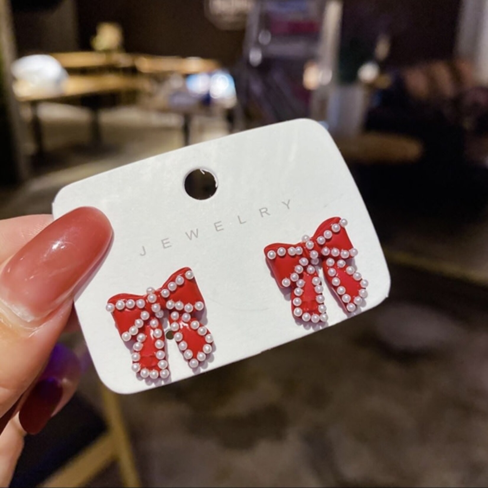 Red Bow with Pearls Earrings