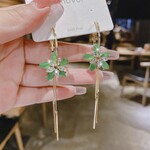 Long Gold with Green Flower Earrings