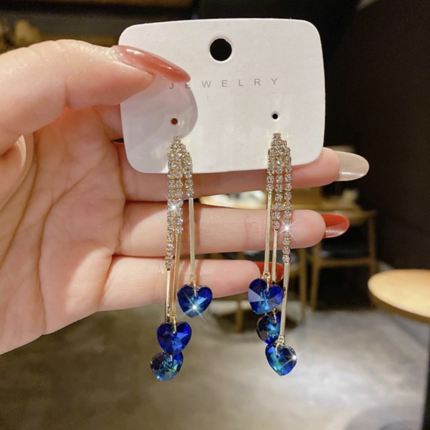 Long Blue Diamond Heart Earrings