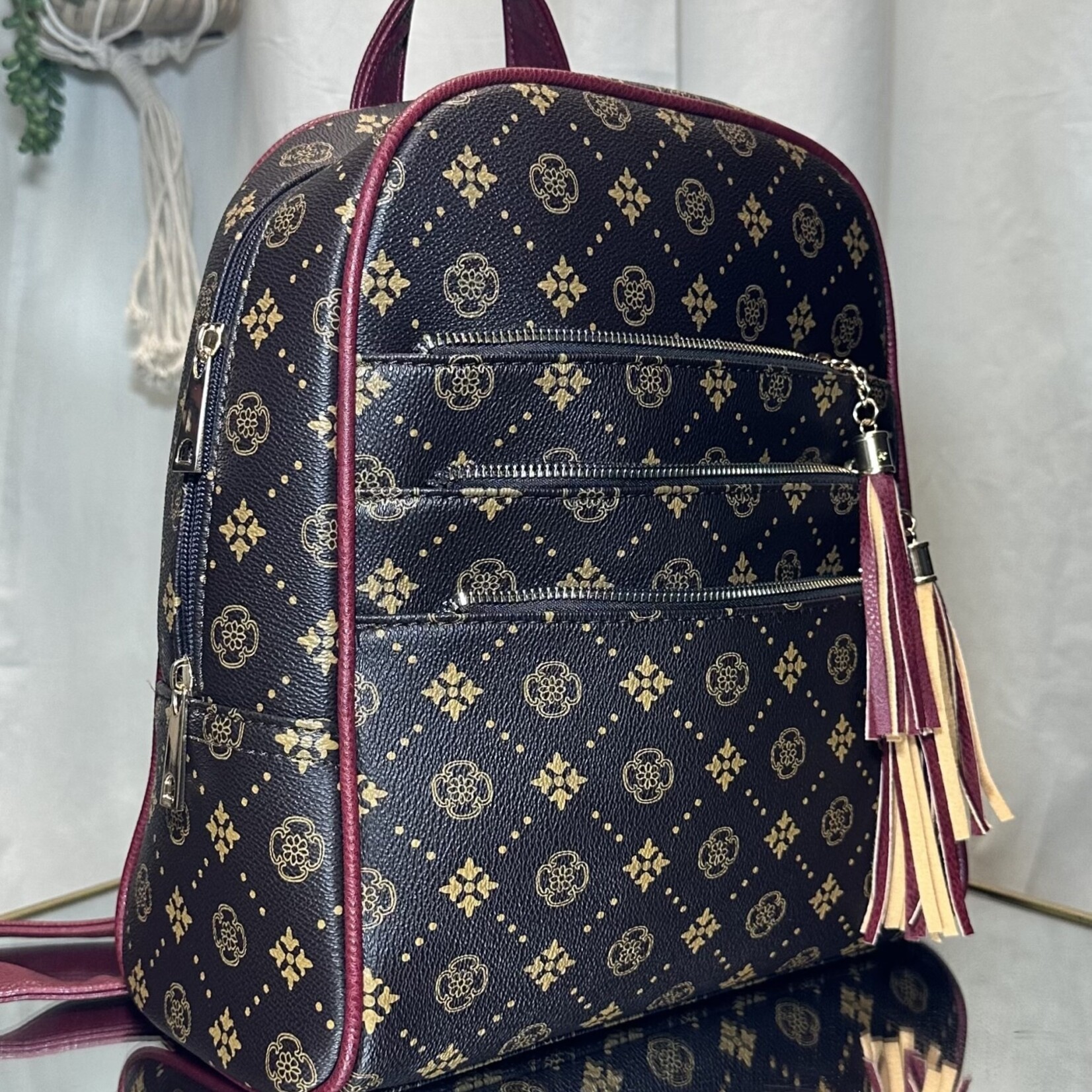 Burgundy and Dark Brown Large Backpack