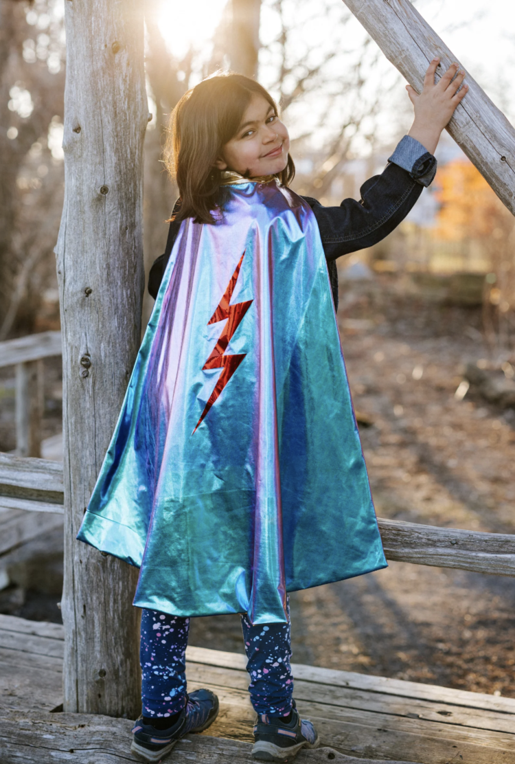 Great Pretenders Reversible Blue Lightning Holographic Cape, Size 5-6