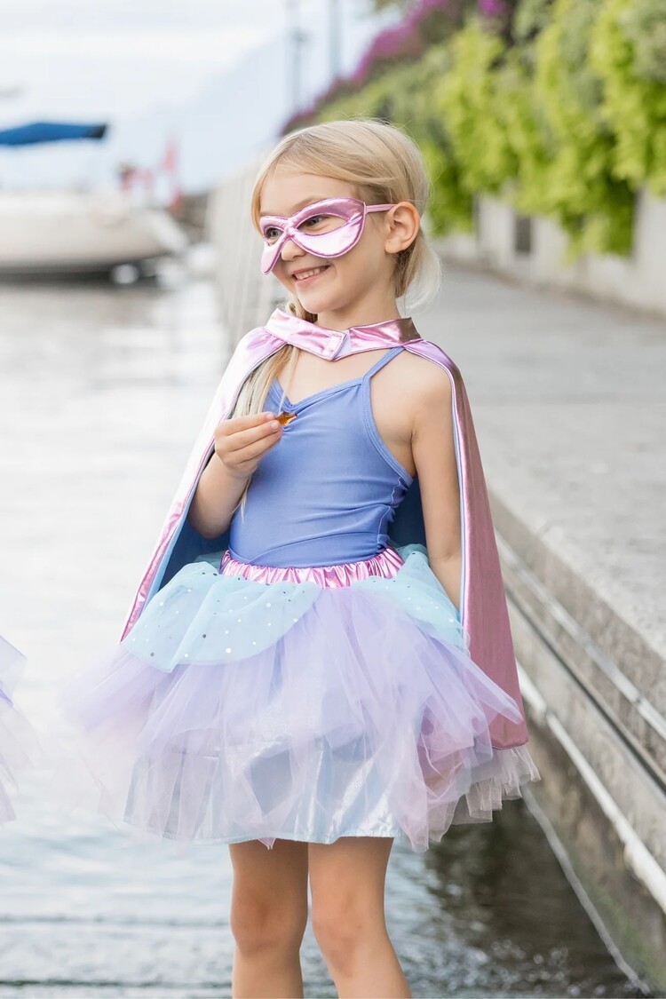 Great Pretenders Super-Duper Tutu/Cape/Mask Metallic Pink/Light Blue Size 4-6