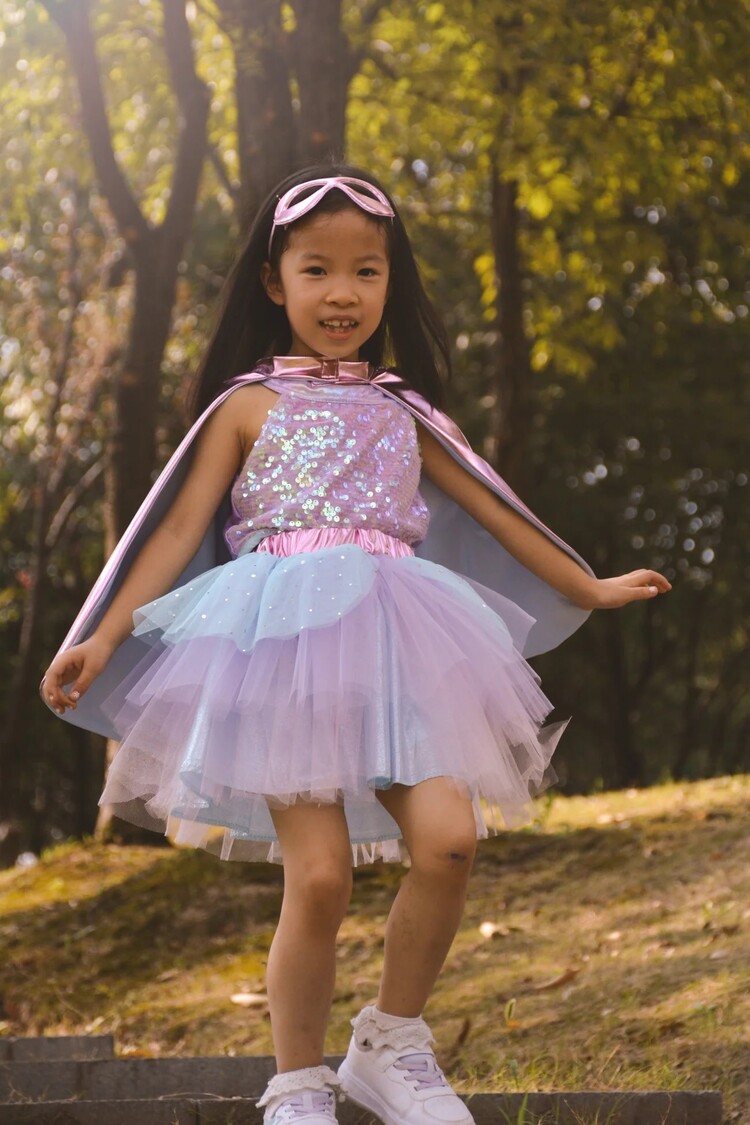 Great Pretenders Super-Duper Tutu/Cape/Mask Metallic Pink/Light Blue Size 4-6