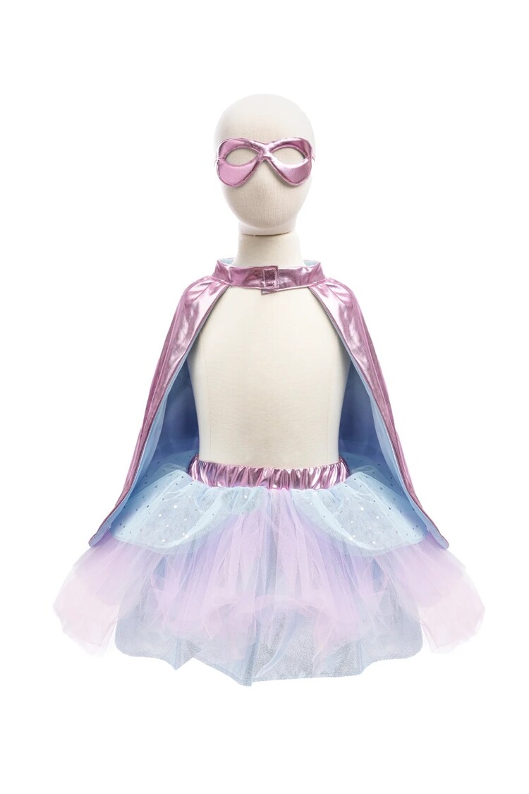 Great Pretenders Super-Duper Tutu/Cape/Mask Metallic Pink/Light Blue Size 4-6