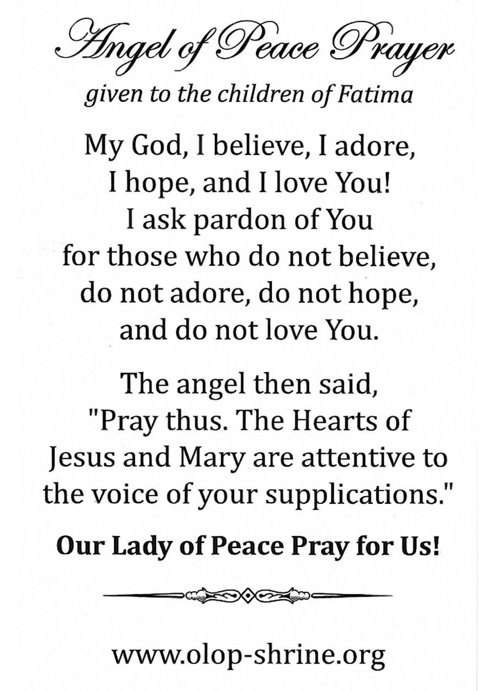 Our Lady of Peace Prayer Card