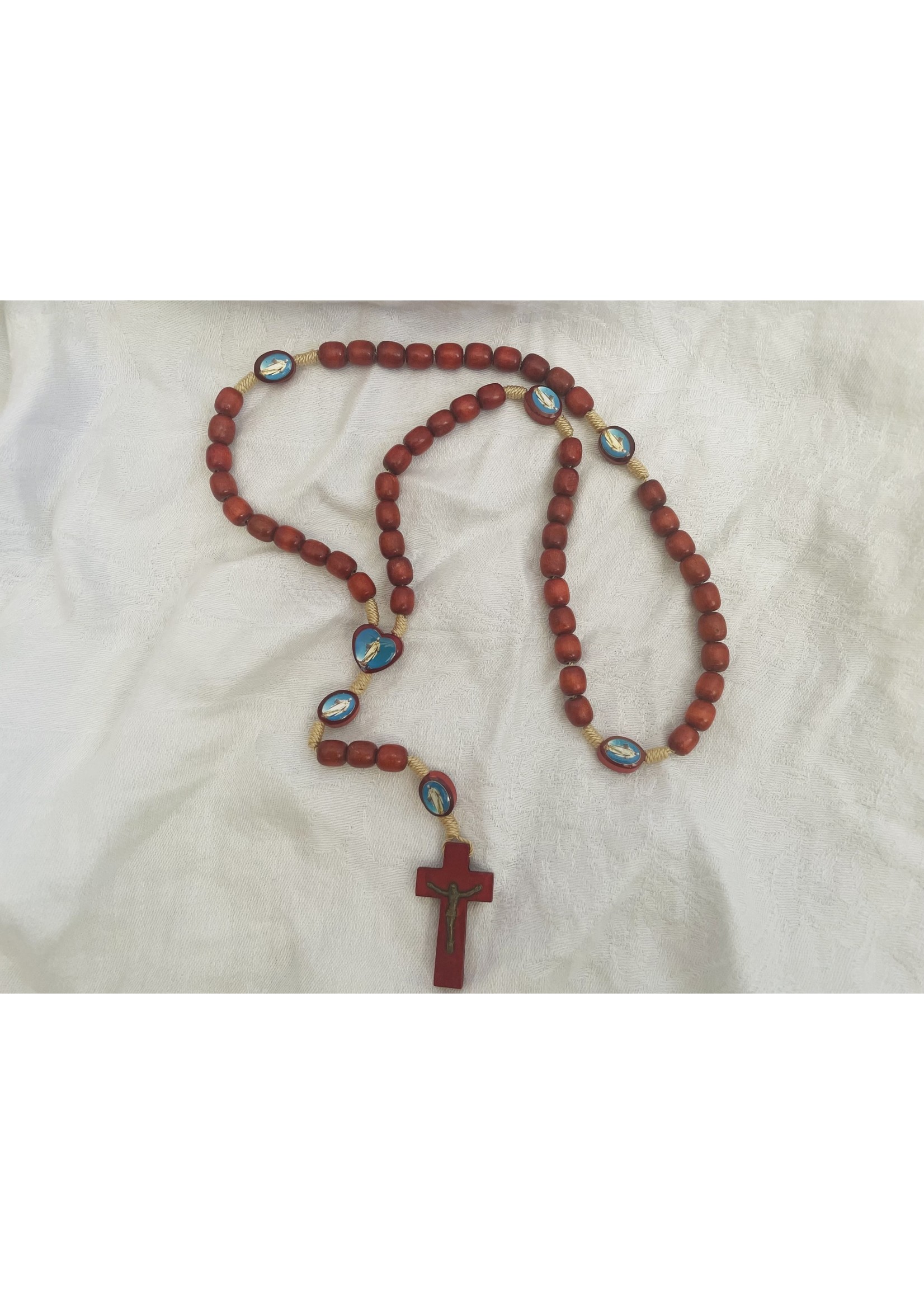 Handmade Wood and Pewter Decennary Rosary Pendant Necklace - Hope and Love  in Red | NOVICA