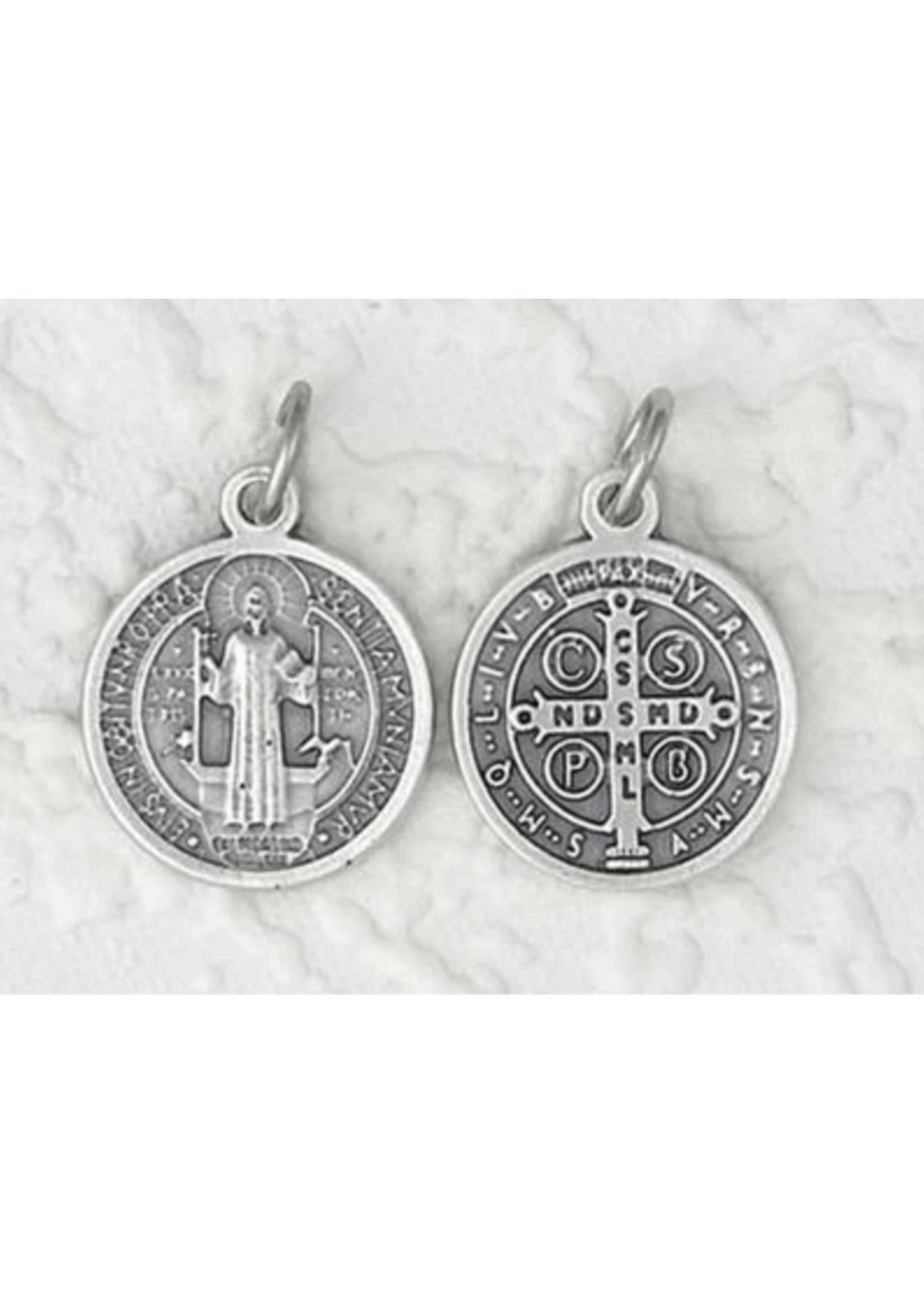 Silver tone Saint Benedict double sided round medal