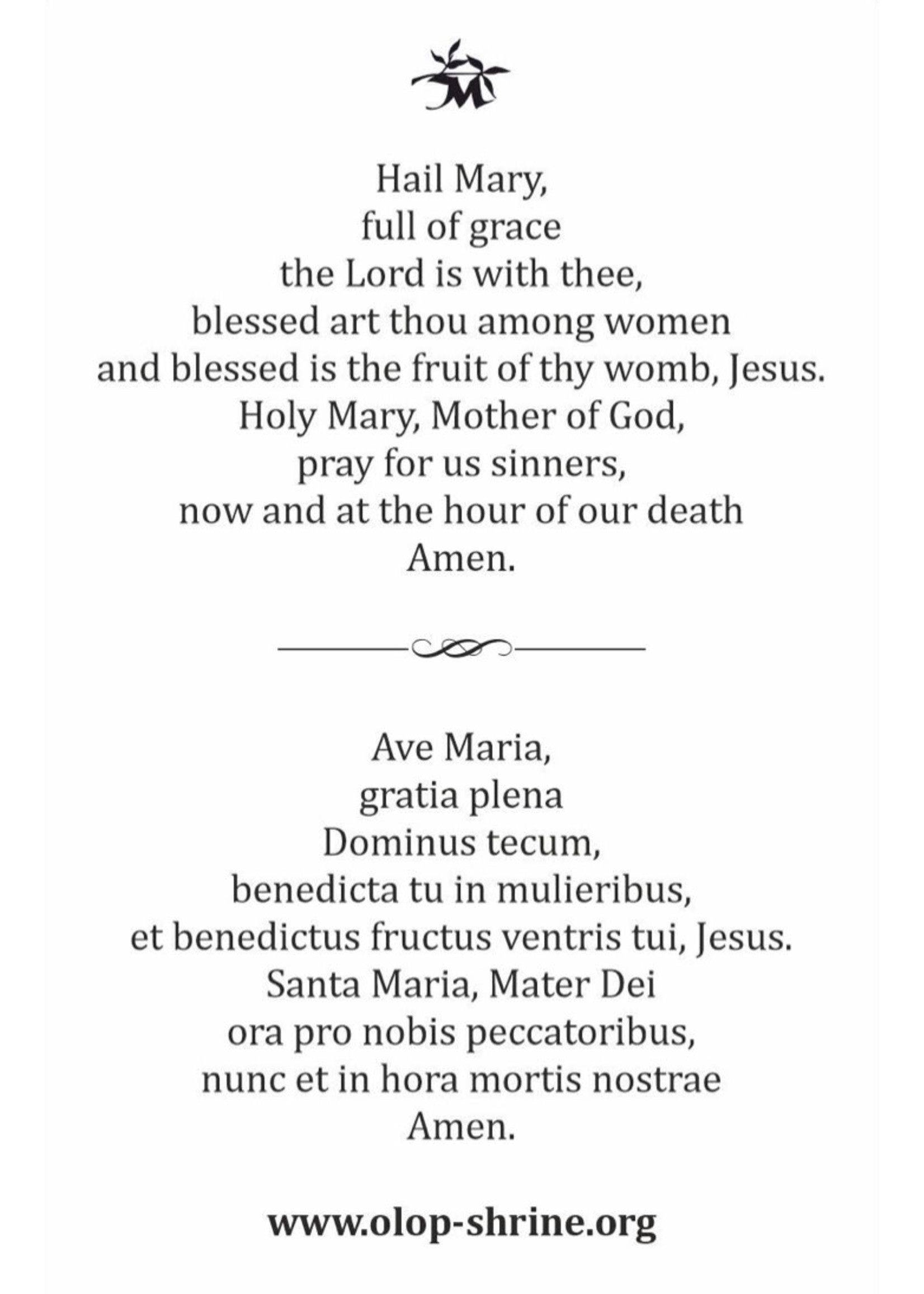 Hail Mary / Ave Maria Our Lady of Peace Prayer Card