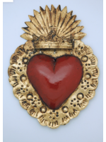 Mexican tin heart, red with crown, 9 inches