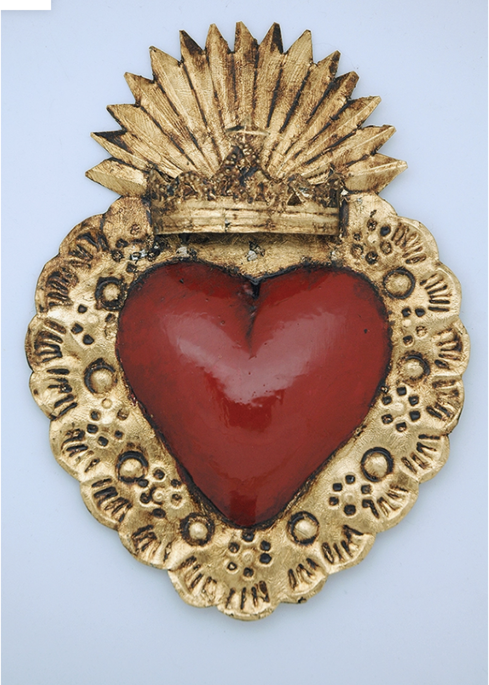 Mexican tin heart, red with crown, 9 inches