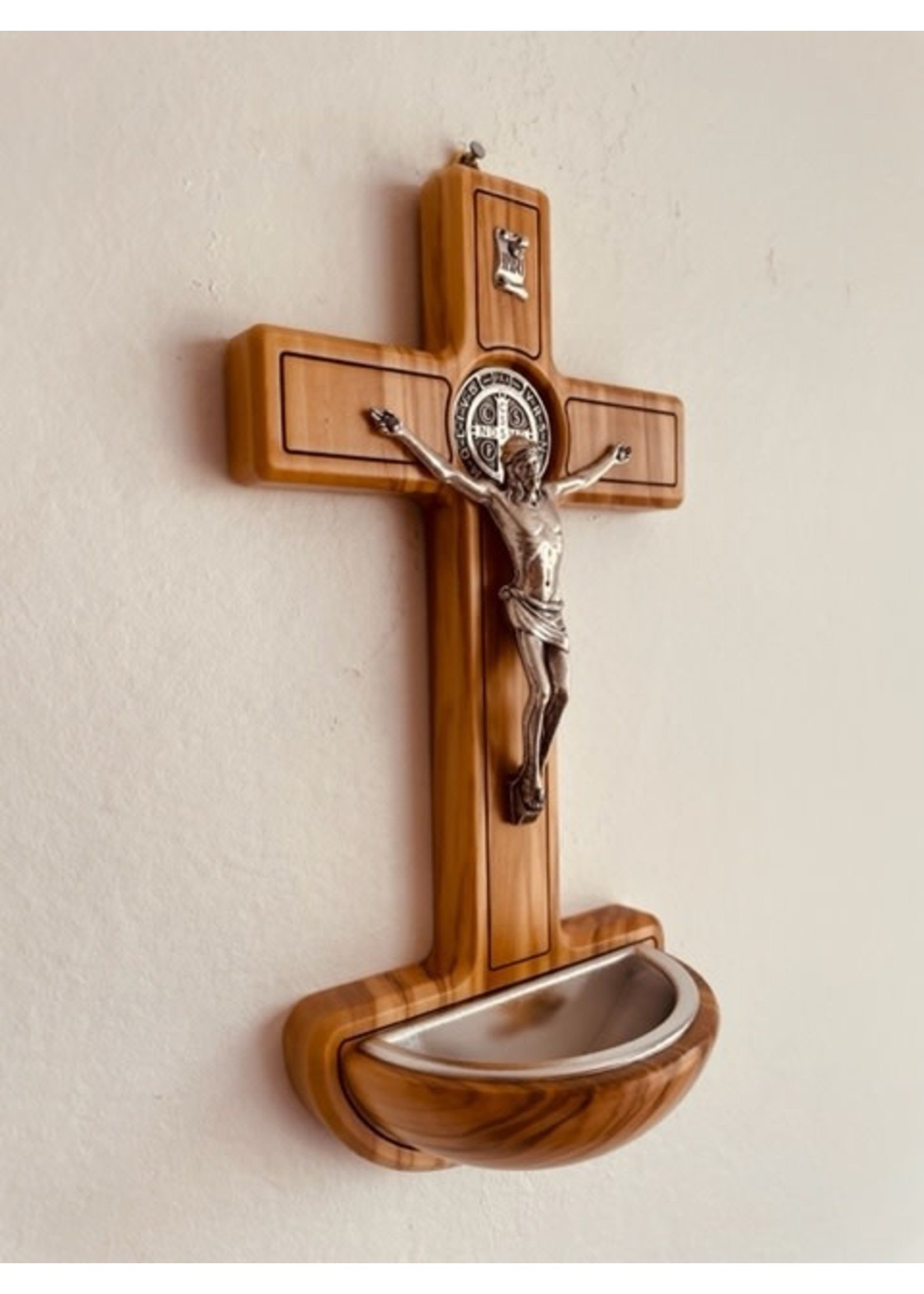 St Benedict Olive Wood Crucifix Holy Water Font 7.5" x 4"
