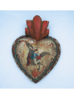 Mexican painted wood heart, 9.5", Saint Michael